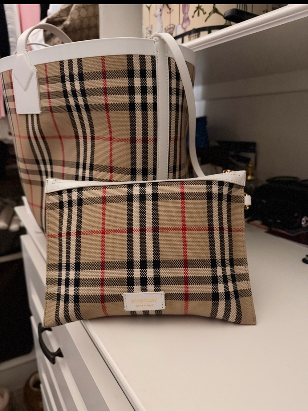 Burberry Vintage White Canvas & Leather Tote